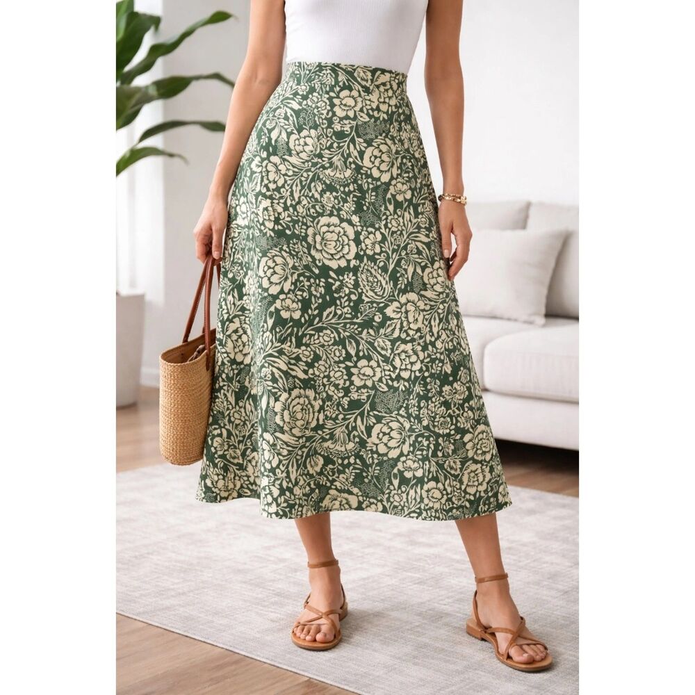 Rachel Zoe Green and Cream Floral Midi Skirt - Picture 1 of 4